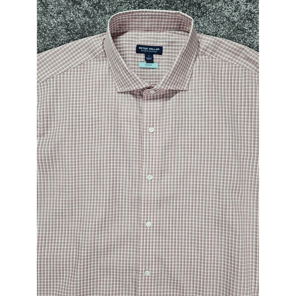 Peter Millar Crown Crafted Flex Finish Men's Button-Up Large Red Tan Plaid NWT - Picture 3 of 9